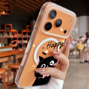 Ốp bảo vệ iPhone họa tiết mèo đen vui vẻ hỗ trợ sạc không dây từ tính - iP7/8/11/12/13/14/15/16/17/Plus/Air/Pro/Max