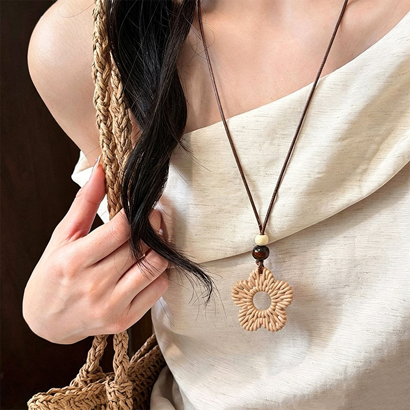 Vòng cổ mặt dây chuyền Boho Mây, Vòng cổ quyến rũ mây tự nhiên dệt thủ công, Vòng cổ dài phong cách dân tộc nhẹ dành cho nữ