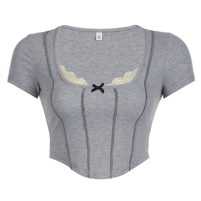 ÁO THUN CROPTOP XÁM PHỐI REN ĐÍNH NƠ CHẠY VIỀN TRƯỚC CỰC CUỐN HÚT H44