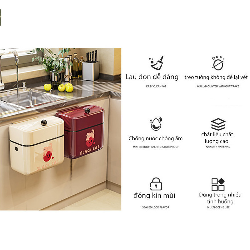 Thùng Rác Treo Bếp 9L Nắp Lật Thông Minh - Gắn Tường Tiện Lợi, Đậy Kín Chống Mùi, Dùng Cho Bếp & Nhà Vệ Sinh