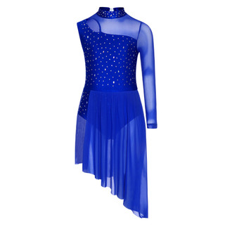 Yhong Trẻ Em Bé Gái Bất Đối Xứng Lời Khiêu Vũ Trang Phục Mock Cổ Cutout Sheer Lưới Chắp Vá Sáng Bóng Kim Cương Giả Bên Chia Đầm Khiêu Vũ