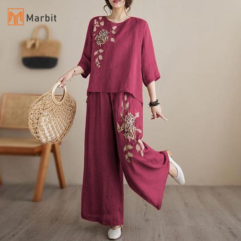 Marbit Áo Sơ Mi Thêu và Quần Ống Rộng Retro, Thời Trang cho Nữ