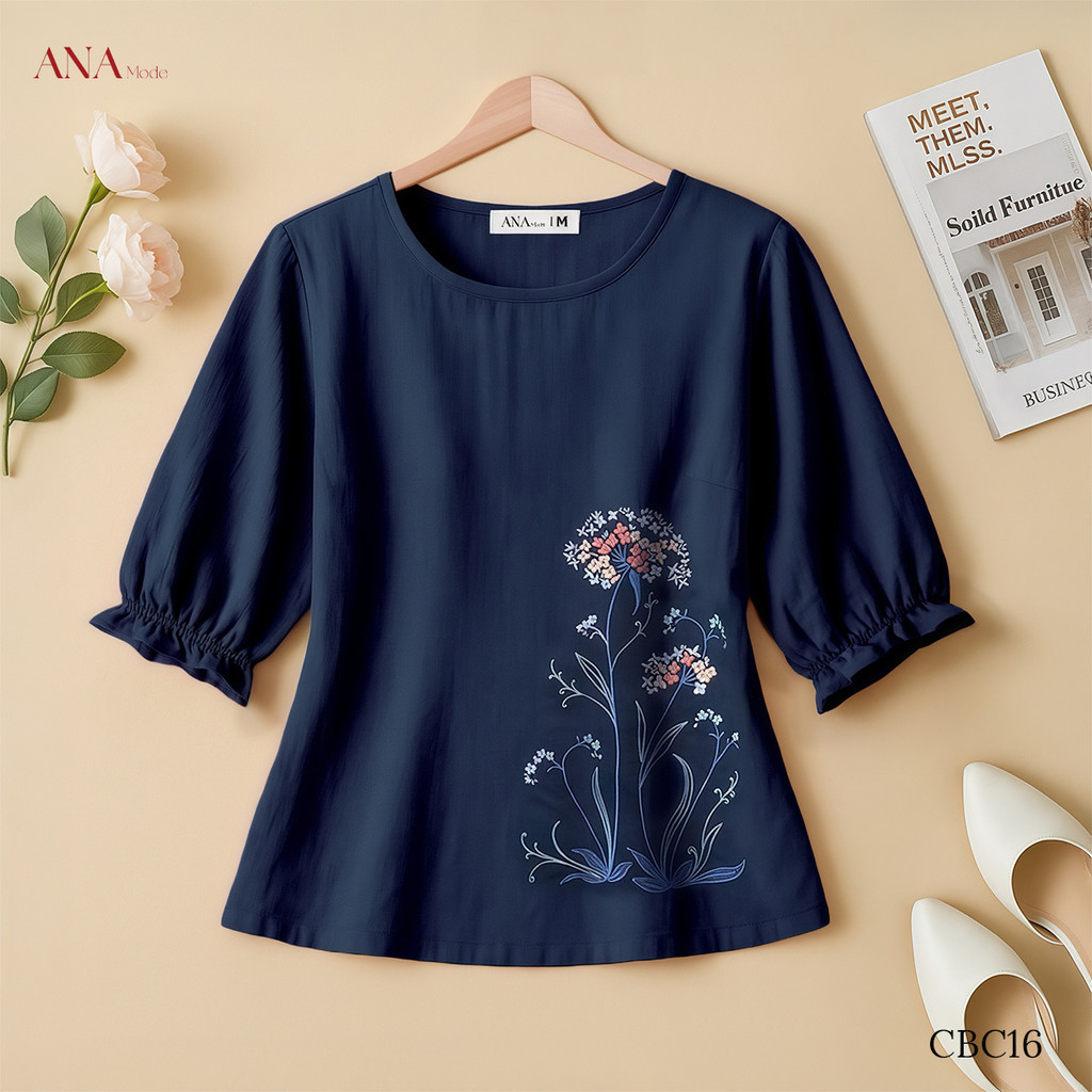 Áo Kiểu Thêu Hoa Trung Niên ANA Mode Chất Liệu Linen Thun Cao Cấp Đi Chơi Quà Tặng Mẹ AK25CBC16