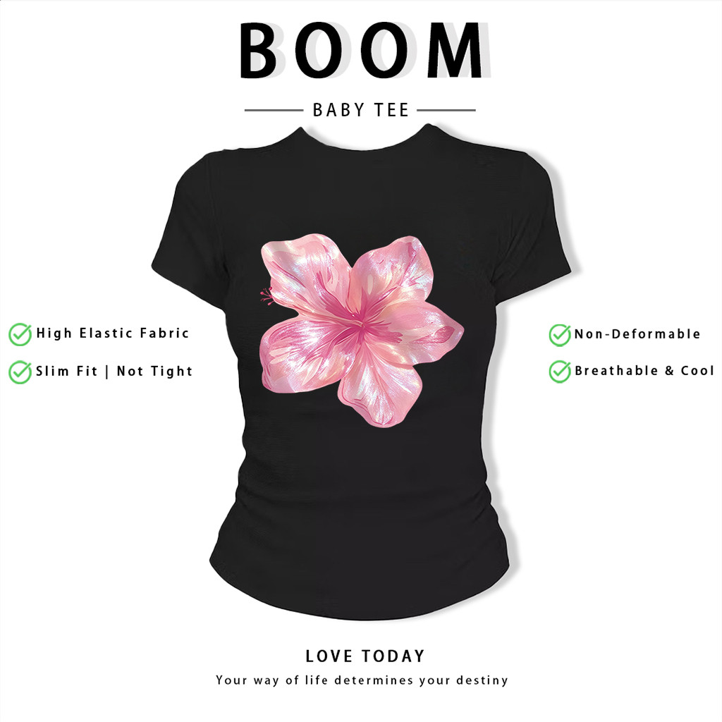 BOOM Áo Baby Tee Nữ Cotton Ôm Body-Áo Thun Ngắn Tay Y2K In Hình PhongCách Mùa Hè, Cổ Tròn Hàng Đầucách hàn quốc phongC46