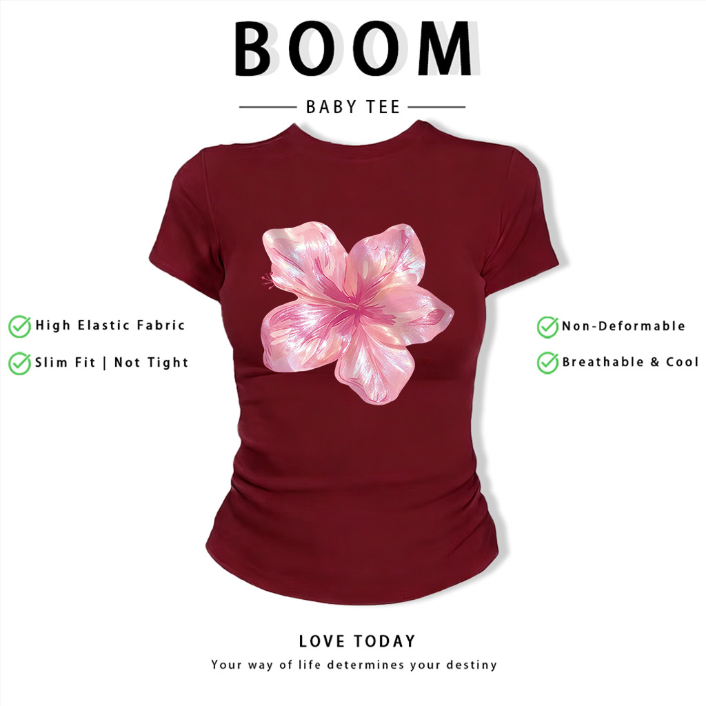 BOOM Áo Baby Tee Nữ Cotton Ôm Body-Áo Thun Ngắn Tay Y2K In Hình PhongCách Mùa Hè, Cổ Tròn Hàng Đầucách hàn quốc phongC46