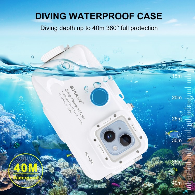 Sẵn sàng giao hàng Vỏ lặn chống nước PULUZ 40m / 130ft cho iPhone 16 / 15 / 15 Pro / 14 / 14 Pro / 13 / 13 Pro / 12 / 12 Pro, với Video chụp ảnh van một chiều chụp ảnh dưới nước Hosin