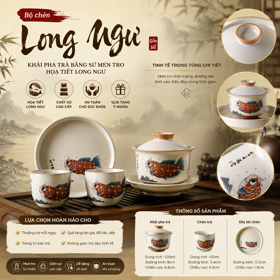 BỘ CHÉN KHẢI PHA TRÀ LONG NGƯ – GỐM SỨ MEN TRO CAO CẤP