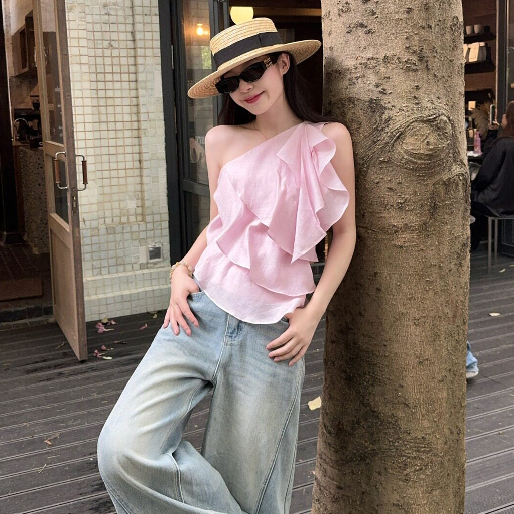 SUXI Áo sơ mi nữ một vai nhẹ nhàng phong cách Pháp mới mùa hè 260518