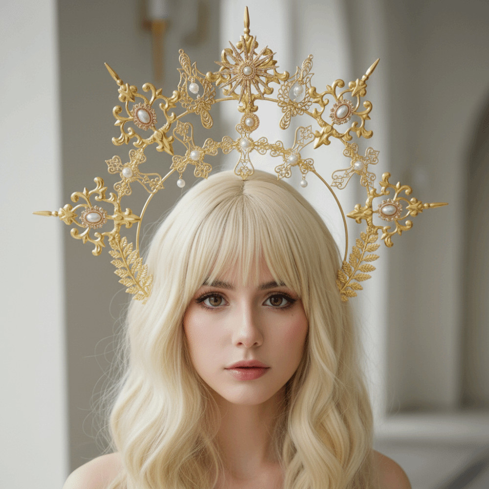 POYFOX Sun Goddess Crown, Chất liệu hợp kim kim kim loại dát ngọc trai giả Baroque Tiara Headband, Chi tiết chữ thập tinh tế Thiết kế gai nhọn mạ vàng