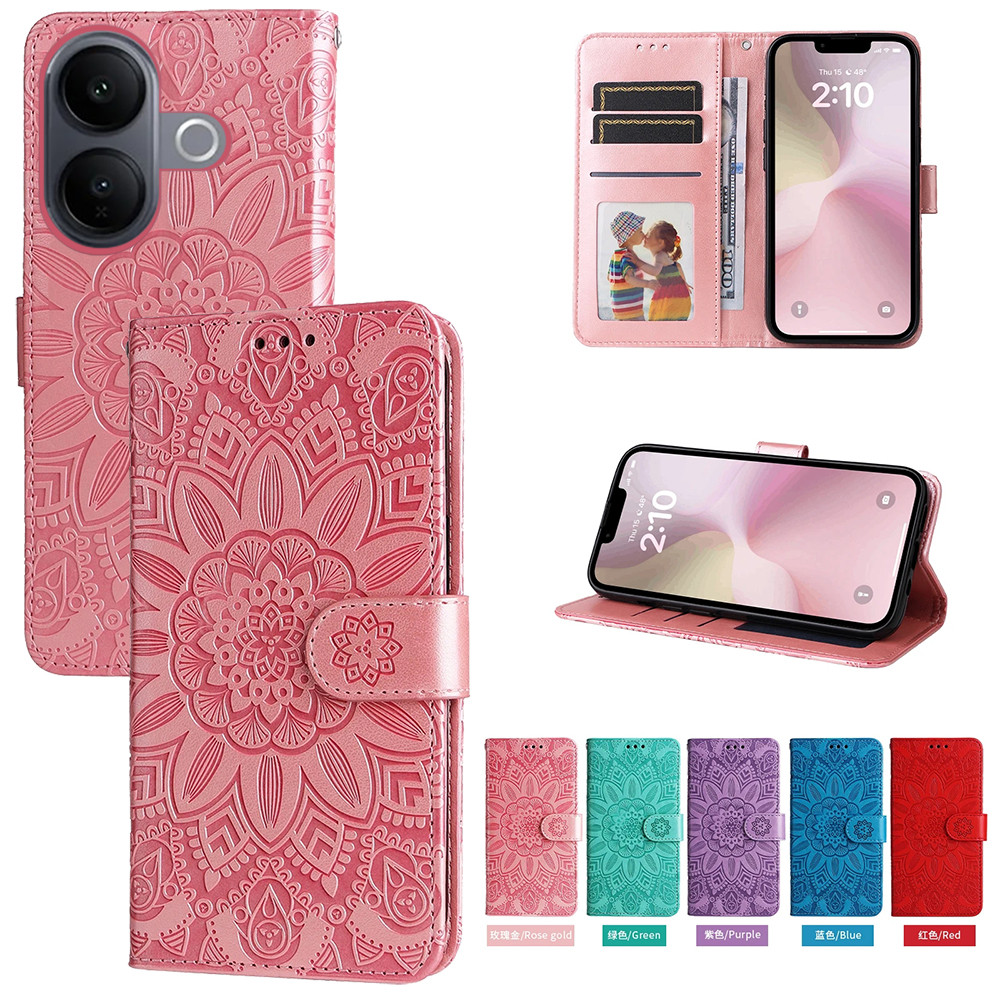 Ví da từ tính Flip Case cho Vivo V60 Lite 5G 4G Vỏ điện thoại hoa hướng dương dập nổi