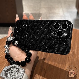Tương thích cho iPhone 17 Air 16E 16 15 14 Plus 13 12 11 Pro Max Ốp điện thoại có dây đeo hạt màu đen Bạc lấp lánh sáng bóng Vỏ sang trọng