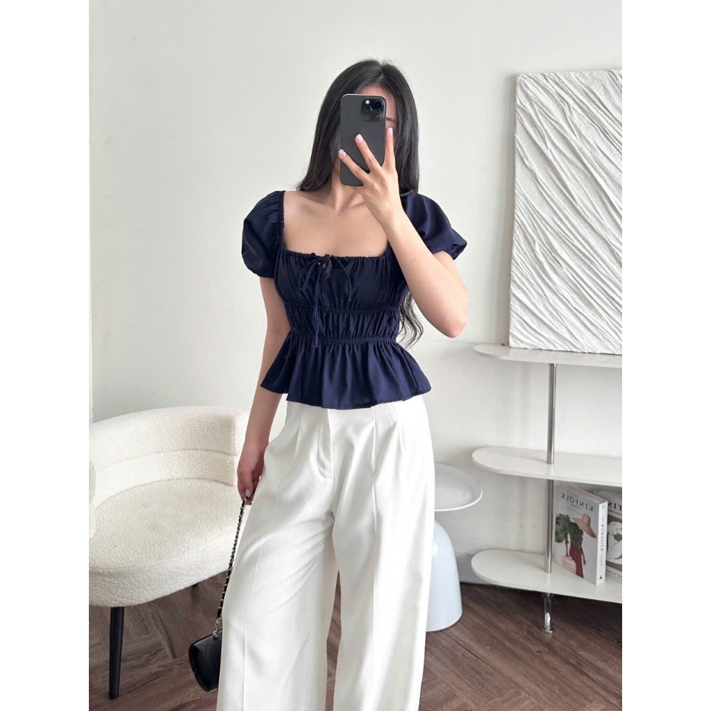 Áo Babydoll Linen Kiểu Xinh Tay Phồng Tiểu Thư Công Chúa Bo Thân Nơ Coquette Ngực Xinh Xắn