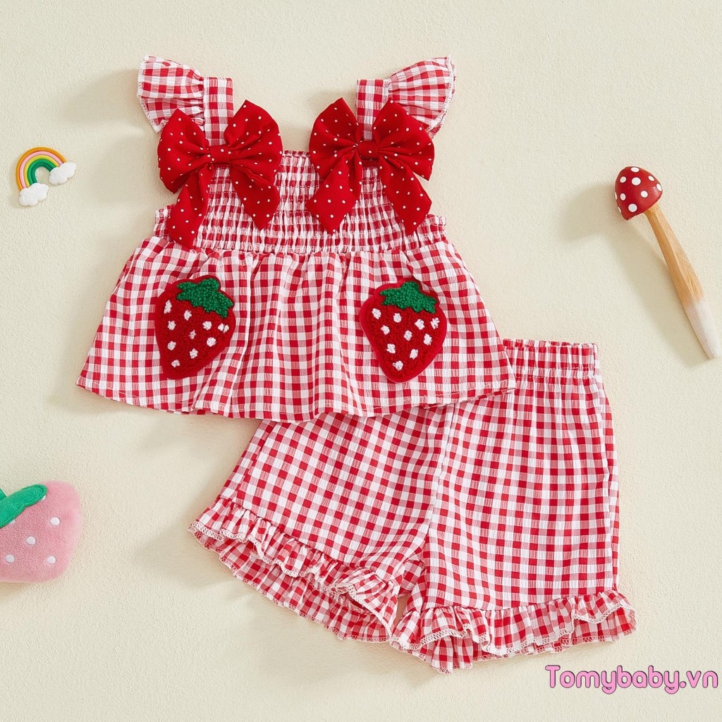 Bé Gái Trang Phục Mùa Hè Dâu Thêu Kẻ Sọc Nơ Xù Viền Xe Tăng Áo + Quần Short Bộ 2 Chiếc
