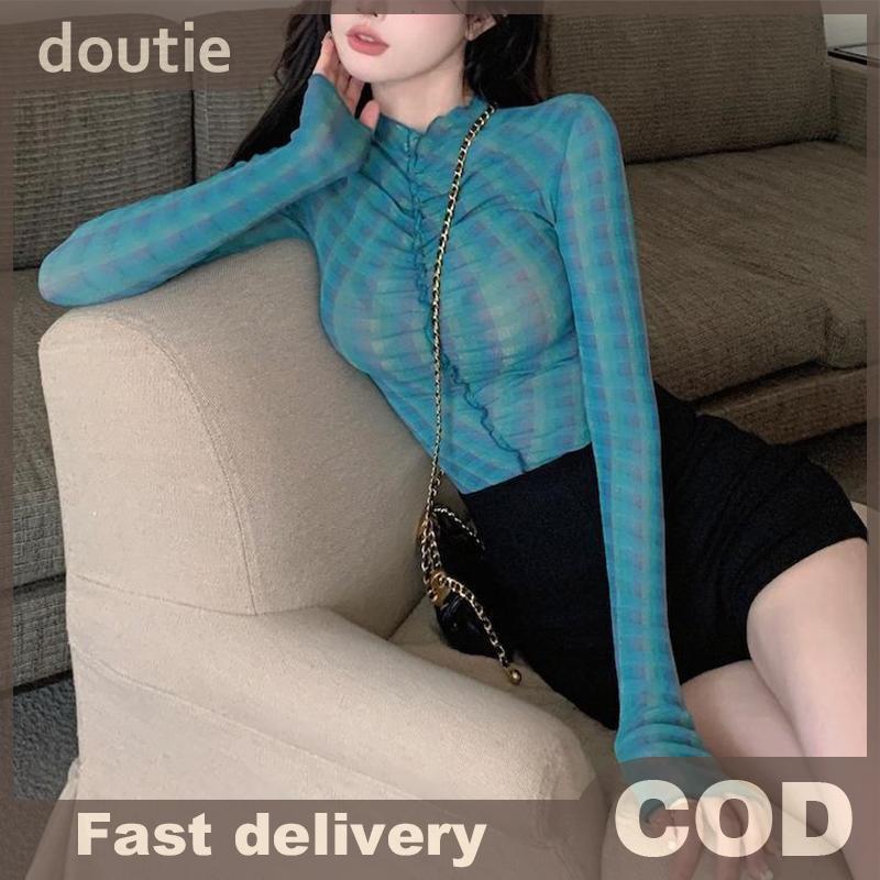 Doutie Áo Thun Cổ Tròn Tay Dài Thu Đông, Chất Liệu Lưới RetroSlim Fit