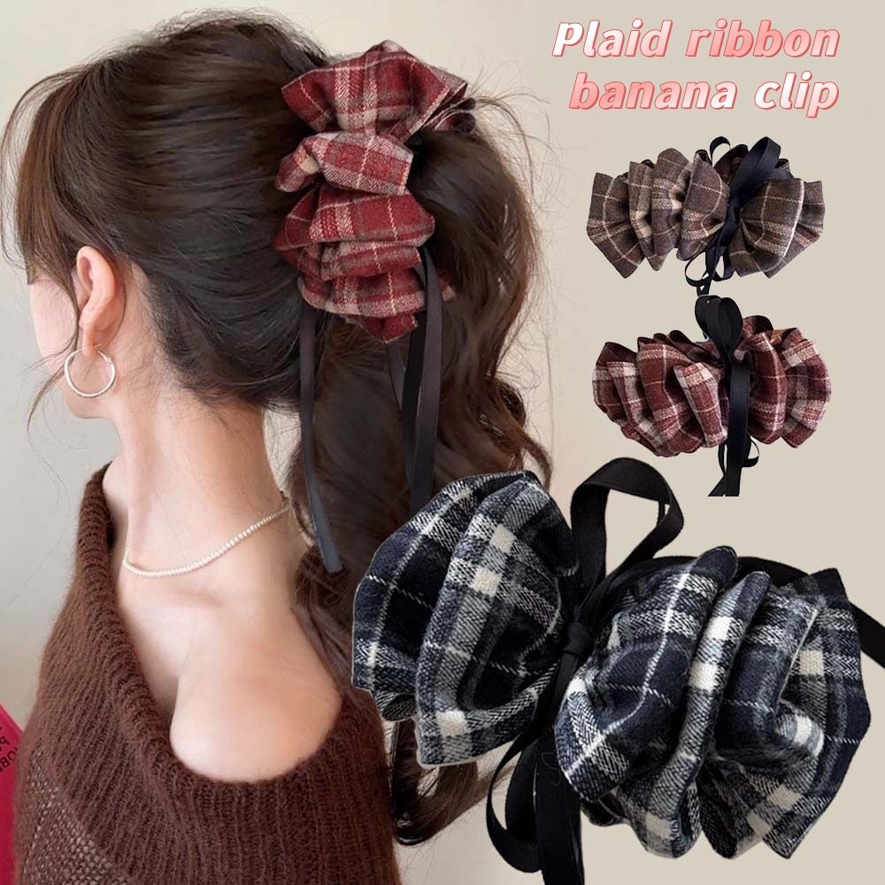 Kẹp Tóc Vải Kẻ Sọc Có Nơ - Phù Hợp Cho Season Thu Đông Và Streamer