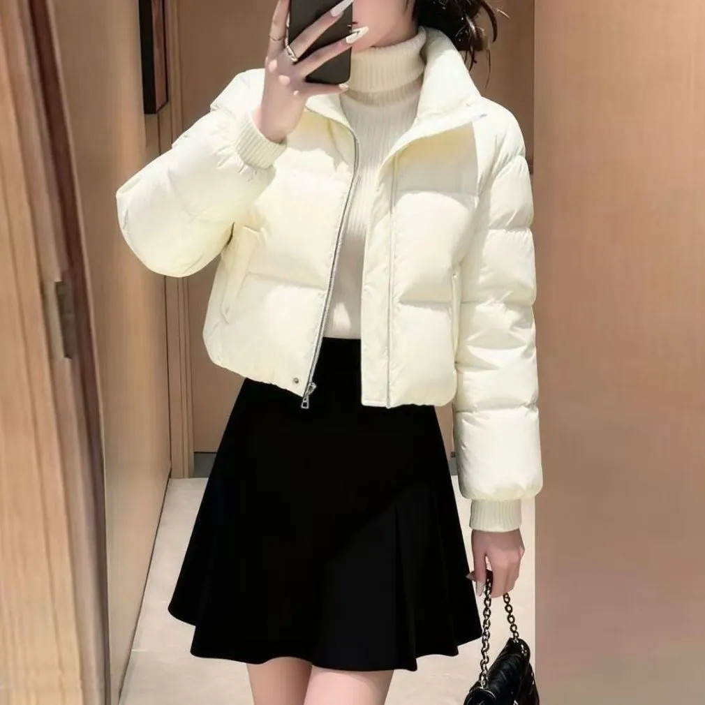 Áo khoác mùa đông nữ mới ngắn trắng Cotton đứng cổ dây kéo mỏng ấm áp