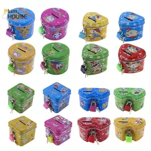 PlumHOUSE Hoạt Hình Dễ Thương Vuông Thiếc Kim Loại Heo Đất Tiết Kiệm Tiền Đồng Xu Hộp Đựng Tiền Trẻ Em Trẻ Em Quà Tặng Sinh Nhật 4 Màu Có Khóa / Chìa Khóa VN