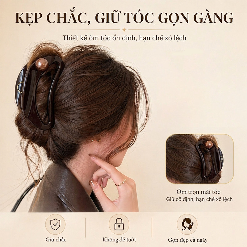 Kẹp tóc đính ngọc trai, kẹp cá mập cao cấp, giữ tóc dày chắc chắn, đơn giản và thời trang, phong cách Hàn Quốc