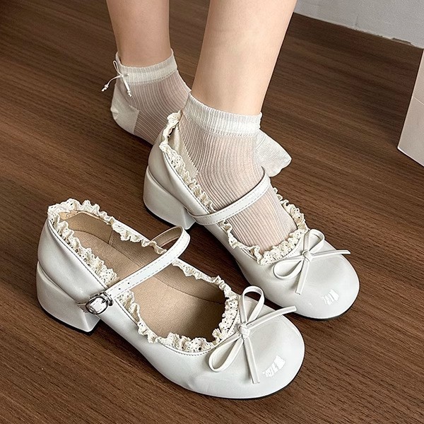 Giày Mary Jane Nữ Gót Cao 4.5cm Da Bóng Đính Nơ Êm Chân Style Ulzzang Hàn Quốc