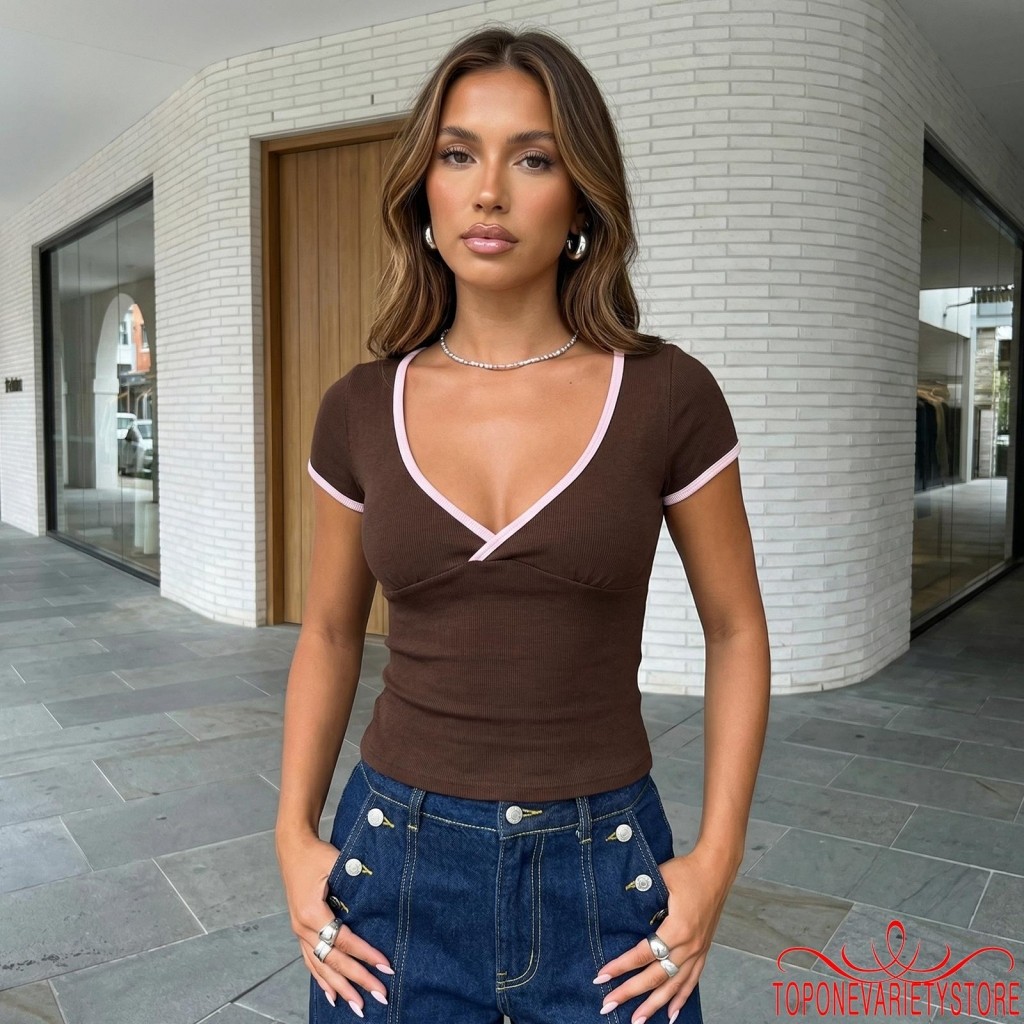Topone-Áo thun nữ cổ chữ V tay ngắn Slim Fit Áo mùa hè Dạo phố thường ngày