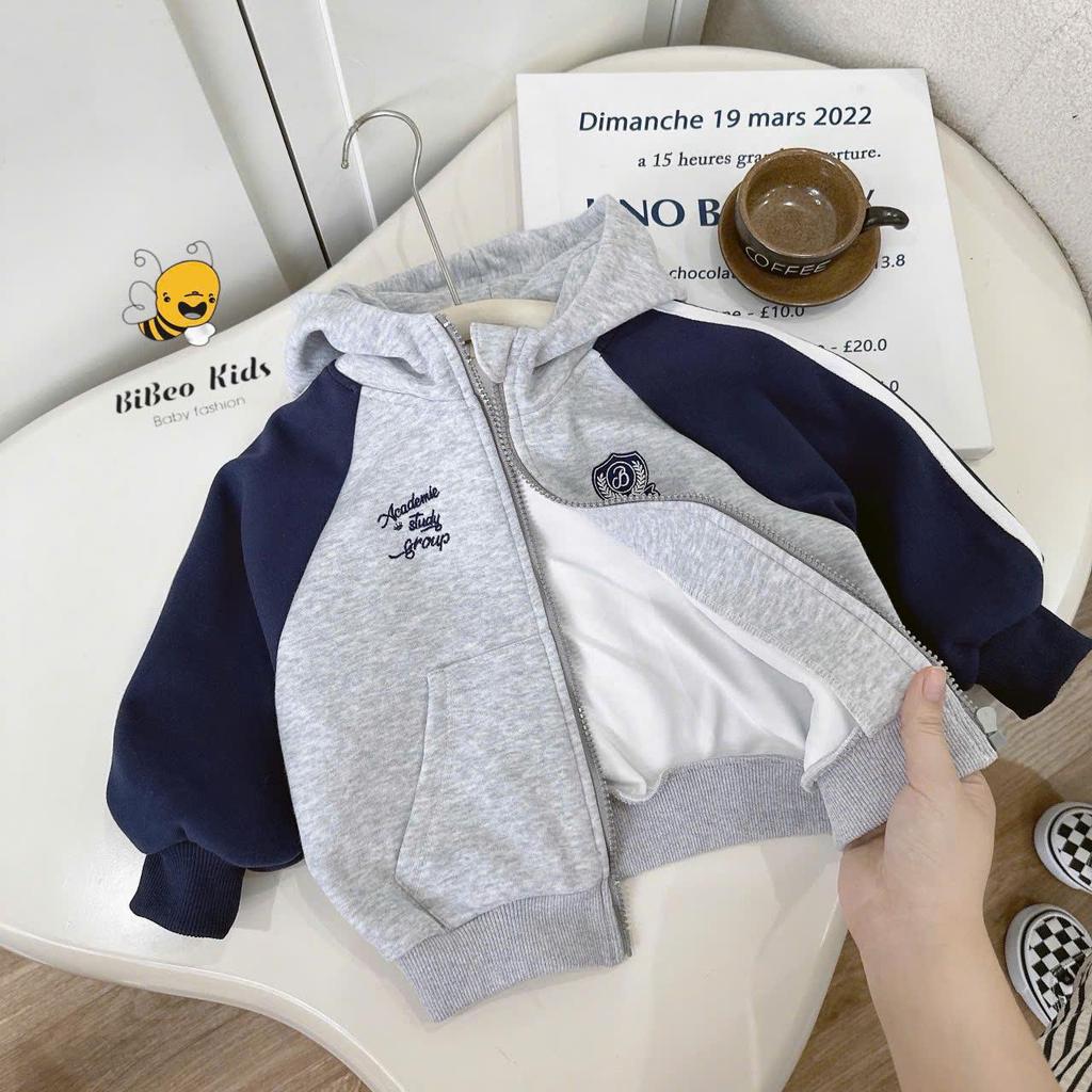 [BiBeo Kids] Áo Khoác Nỉ Bé Trai Có Mũ Khóa Kéo Thêu Logo Cao Cấp – Áo Nỉ Dài Tay Form Đẹp Cho Bé Trai Bé Gái