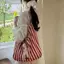 PNPIA- Túi Tote vải sọc có thể đảo ngược dành cho nữ Phong cách Hobo Ren nơ trang trí Túi đeo vai lớn để sử dụng thông thường