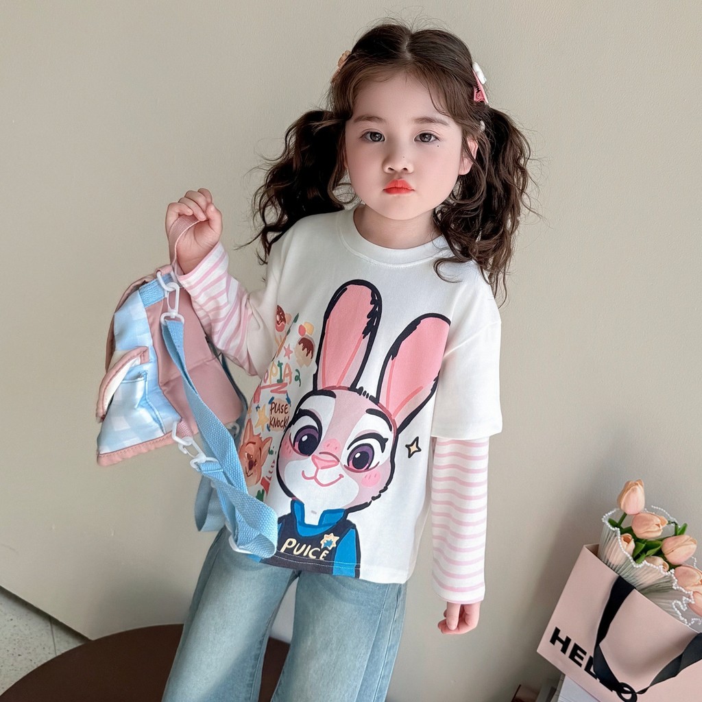 Áo thun hai mảnh hoạt hình cho bé gái Áo sơ mi đáy dài tay mùa xuân 90-140 Size HS6H