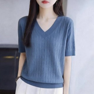 Dệt Kim Tay Ngắn Nữ Ice Silk Mùa Hè Áo Thun Cổ Chữ V Phong Cách Mới Rỗng Mỏng Top
