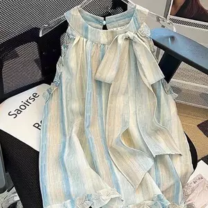 Sọc Pháp Màu sắc tương phản Dây buộc áo yếm mùa hè dáng rộng xếp li nơ nữ