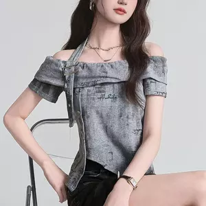 2026 Phong Cách Mỹ Hot Girl Style Tie-Dye Áo thun ngắn tay một vai Thiết Kế Nữ Tay hẹp Off-Soulder Top 5.19