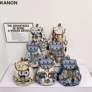 KANGN Thêu Ba Lô, Túi Đựng Dây Rút Động Vật Thông Thường, Thời Trang Jacquard Voi Cú Phong Cách Dân Tộc Xô Sau Túi Đi Biển