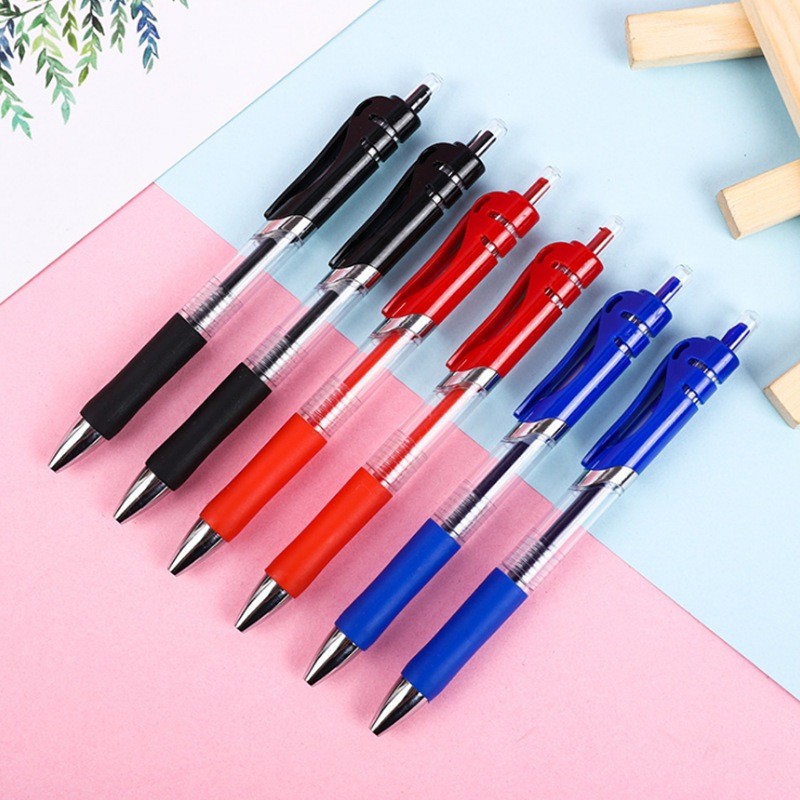 Bút gel bấm K35 0.5mm 3 màu đen xanh đỏ, viết êm, tặng 12 ruột thay thế, dùng học sinh văn phòng