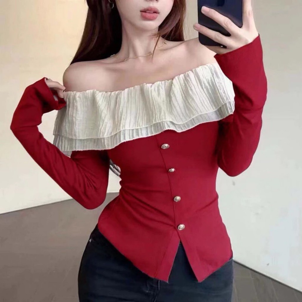 (lẻ set Áo Váy) Áo nữ Tiểu Thư Trễ Vai đính cúc nhẹ nhàng bánh bèo  A198