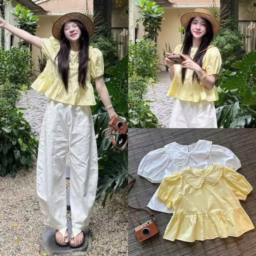 (ẢNH OLDSCHOOL) Áo babydoll lá cổ sen dáng ngắn tay phồng A596 BORA TOP