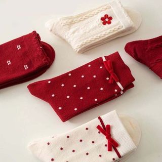 YONDR Tất Nữ Năm Mới, Nơ Ruffle Thu Đông Tất Đỏ, Chấm Thoáng Khí Giữa Ống Hoa Ngựa Năm Đỏ Tất Năm Mới
