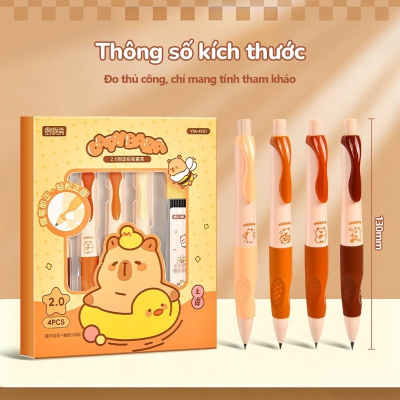 Bút Chì Kim Cho Bé Lớp 1 Capybara Cute, Set 4 Bút Chì Bấm 2.0mm Kèm Tẩy Xinh Xắn