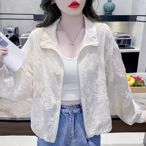 Áo khoác ngắn thêu ren trắng mỏng dành cho nữ, quần áo chống nắng, áo cardigan dài tay dáng rộng