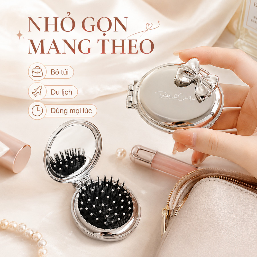 Lược Gấp Gọn Kèm Gương Soi Mini, Gương Lược Bỏ Túi Hình Nơ Sang Chảnh, Phụ Kiện Chải Tóc Trang Điểm