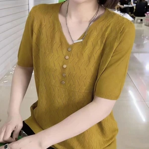 Áo len dệt kim ngắn tay cổ chữ V thời trang và giản dị dành cho nữ mùa xuân hè phong cách mới, trang phục mẹ rộng rãi và giảm béo