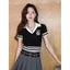 Mùa hè Niche Hot Girl Preppy Style POLO Cổ áo màu tương phản Khâu dệt kim Áo tay ngắn