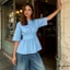 Áo Peplum mùa hè dành cho nữ màu trơn không lưng dáng rộng viền nơ lưng cổ tròn Áo tay khuỷu tay