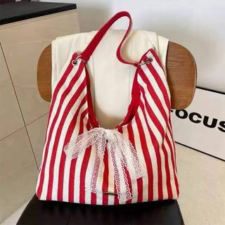 Strongaroetrtomj Túi vải Hobo sọc nữ có nơ ren Túi đeo vai Tote có thể đảo ngược Dung tích lớn cho bãi biển du lịch VN