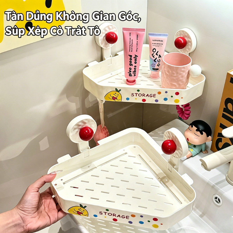 Kệ Đựng Đồ Nhà Tắm Hút Chân Không,Họa Tiết Chấm Bi,Kệ Góc Decor Phòng Tắm,Không Cần Khoan Tường