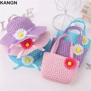 KANGN 2 Cái / bộ Bộ Túi Đi Biển Mũ Rơm, Túi Tote Vành Rộng Trẻ Em Mũ Đi Biển Bộ, Mũ Chống Nắng Thiết Kế Hoa Mũ Chống Nắng Thoáng Khí Du Lịch Ngoài Trời