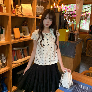 Nova-Áo sơ mi nữ Áo sơ mi tay ngắn cổ sen áo babydoll chấm bi phối 6 cúc lửng dáng vừa dễ thương