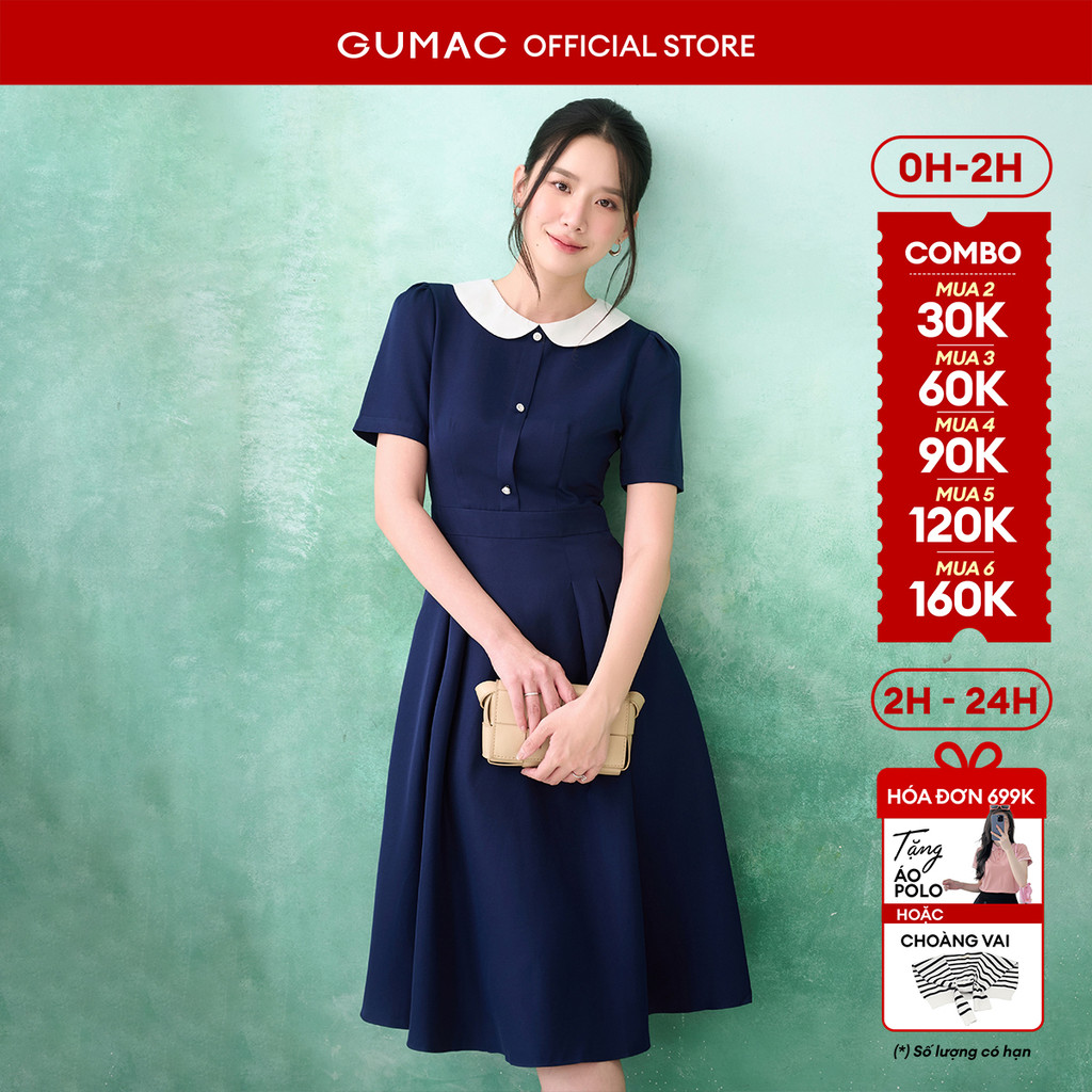 Đầm nữ GUMAC A xòe xanh đen thiết kế cổ bâu trắng có túi công sở đi chơi  LDE0821