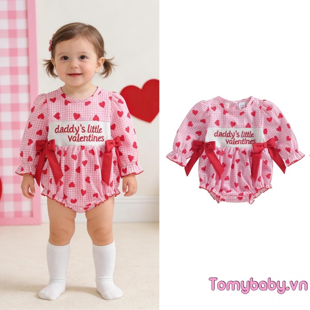 Bé Gái Valentines Áo Liền Quần Rời Phù Hợp Với Chữ Thêu Trái Tim Tình Yêu In Nơ Dài Tay Jumpsuit