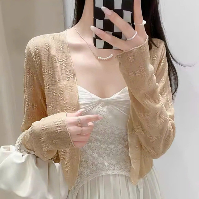 Áo khoác cardigan croptop dài tay nữ vải len lưới hoa xuyên thấu khoác áo kiểu đầm hở sang chảnh G649