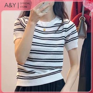 A & Y Mùa Hè Mới Thời Trang Sọc Tay Ngắn Màu Trơn Đa Năng Giảm Tuổi Áo Thun Dệt Kim Giảm Béo Hàng Đầu.