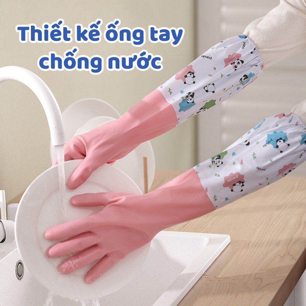 Găng Tay Rửa Chén Bát Lót Nỉ Chống Trượt Chống Thấm, Găng Tay Rửa Bát Nhà Bếp Dài Bảo Vệ Da Tay DINO